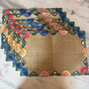 Set 6 Vintage Placemats Embroidered Linen Floral Arts and Crafts Style 12x18